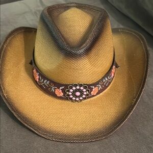 Brown and Pink Wide-Brim Straw Hat with Decorative Band